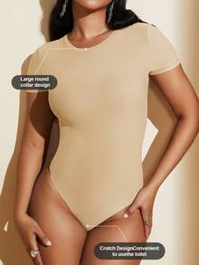 1件装女士束腰无缝黑色圆领短袖性感连体衣丁字裤 - 杏色 - 查看 3