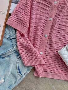 FOR BEAUTY Summer New Round Neck Short Sleeve Knit Cardigan, Women Loose Hollow Thin Button Cream Yellow Top, Casual Versatile, Suitable For Street Shopping And New Year Wear Spring - 深粉紅色 - 查看 8