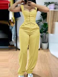 女士优雅通勤纯色吊带背心和裤子两件套夏季 - 黃色 - 查看 3