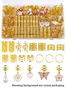 75个花卉梦幻发圈，包含白色爱心、珍珠、雏菊、粉色蝴蝶和山茶花图案 - 优雅多形状可调节合金发夹，浪漫波西米亚花园风格女士发饰 - 金色 - 查看 1