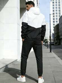 Men's Spring/Autumn Colorblock 2-Piece Sports Set | Hooded Zip-Up Jacket + Drawstring Cuffed Pants, Compass Print Casual Outdoor Outfit - Black - View 8