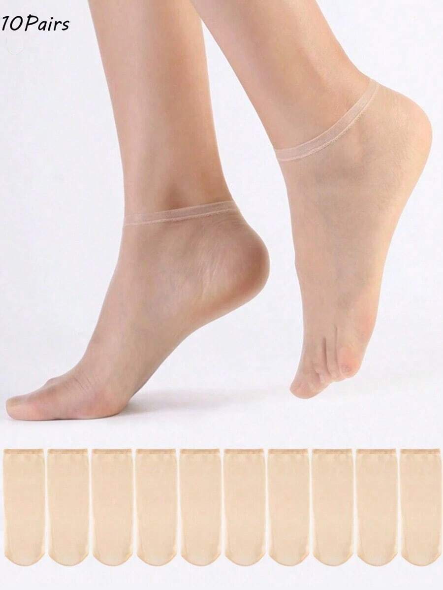 10 Pairs Women's Thin Ankle Socks, Super Thin Crystal Silk Stockings, Transparent Short Silk Socks, Breathable Nude Invisible Boat Socks For Summer Skirts - 杏 - 查看 1