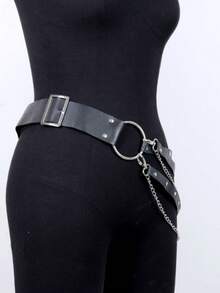 Punk PU Leather Waist Belt With Chains | O-Ring Design Waist Harness For Women - Black - View 4