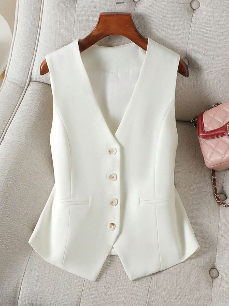 Bright Solid Color Sleeveless Vest - Elegant V-Neck, Slim Fit, Front ...