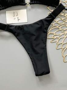 Bộ bikini gợi cảm buộc dây cổ màu trơn dành cho nữ, thích hợp mặc đi biển mùa hè. - màu đen - Xem 6