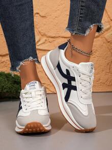 女士休闲运动鞋，平底厚底，一脚蹬，时尚百搭，舒适轻便，系带跑步鞋，圆头，透气 - 藍色 - 查看 5