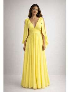 Long Pleated V-Neck Dress, Perfect For Bridesmaids, Weddings, Graduations, And Parties - 黃色 - 查看 2