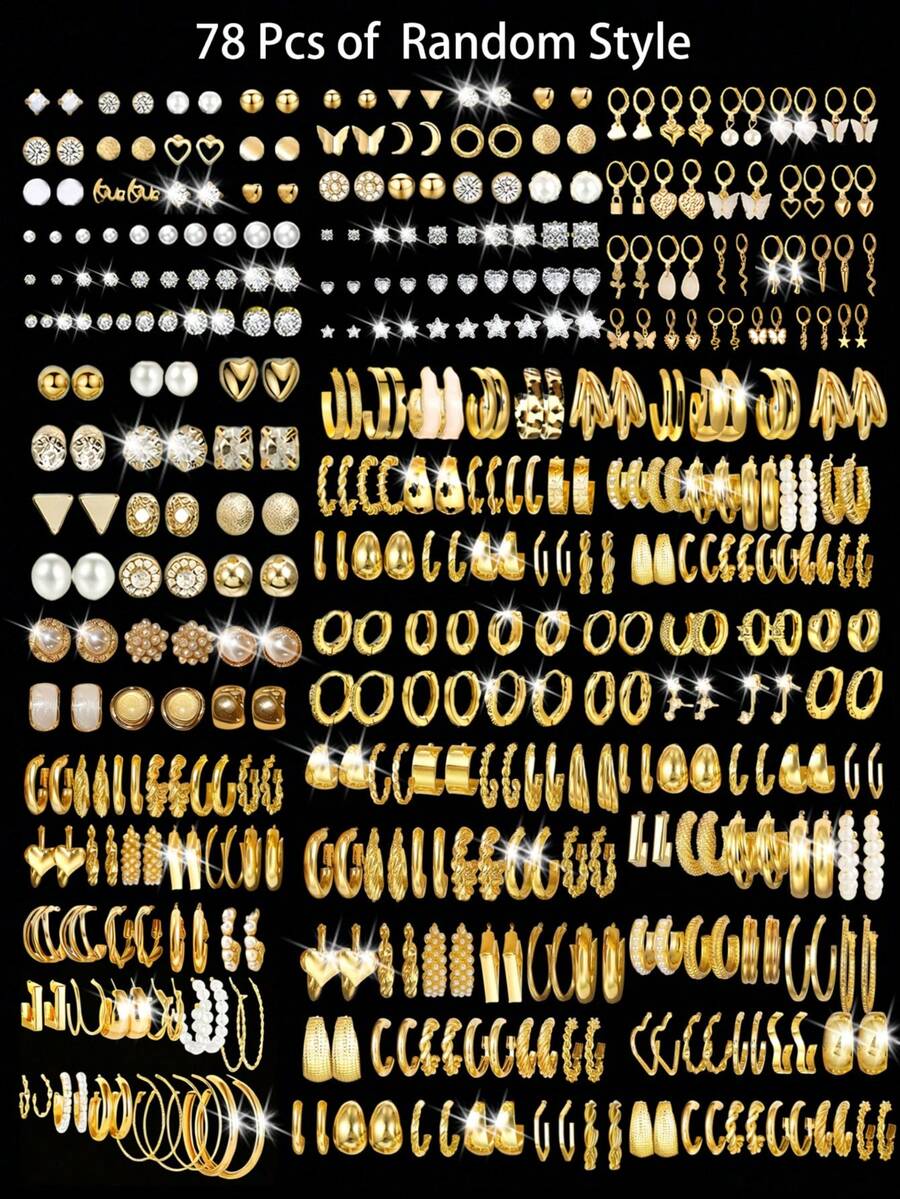 Bộ 18/36/54/66/78 chiếc bông tai thời trang thanh lịch tối giản phong cách Bohemian cổ điển hình trái tim, hoa, nơ pha lê, vỏ sò, xoắn hình chữ C, đính ngọc trai giả, thích hợp đeo hàng ngày, hẹn hò, dự tiệc, du lịch, nhiều kiểu dáng khác nhau. - Vàng - Xem 1