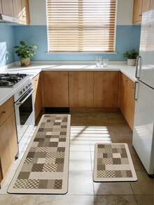 1pc Silica Gel Kitchen Floor Mat, Geometric Patchwork Pattern In Warm Tones Of Deep Brown, Light Brown And Beige. Combining Classic Checkerboard And Solid Color Blocks In A Vintage Yet Orderly Geometric Mosaic Design. - Multicolor - View 1