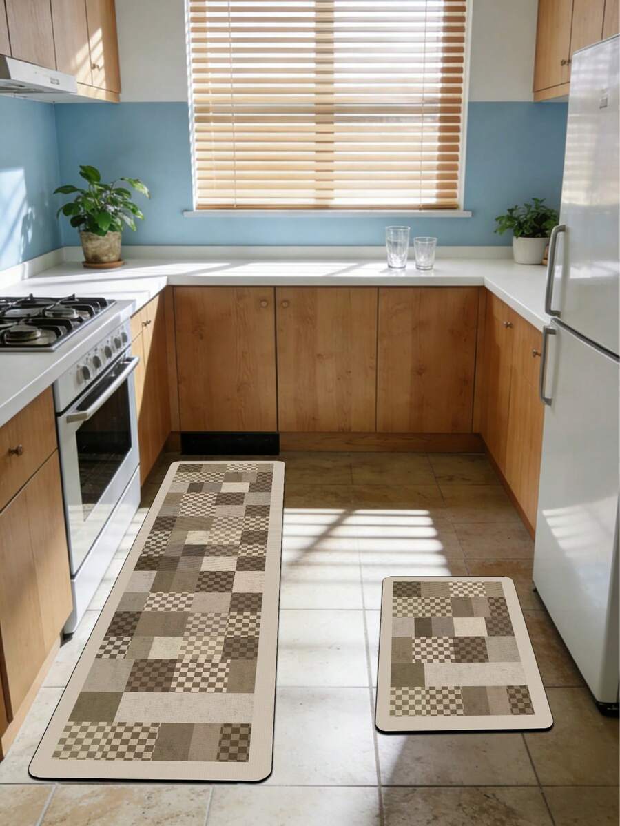 1pc Silica Gel Kitchen Floor Mat, Geometric Patchwork Pattern In Warm Tones Of Deep Brown, Light Brown And Beige. Combining Classic Checkerboard And Solid Color Blocks In A Vintage Yet Orderly Geometric Mosaic Design. - Multicolor - View 1