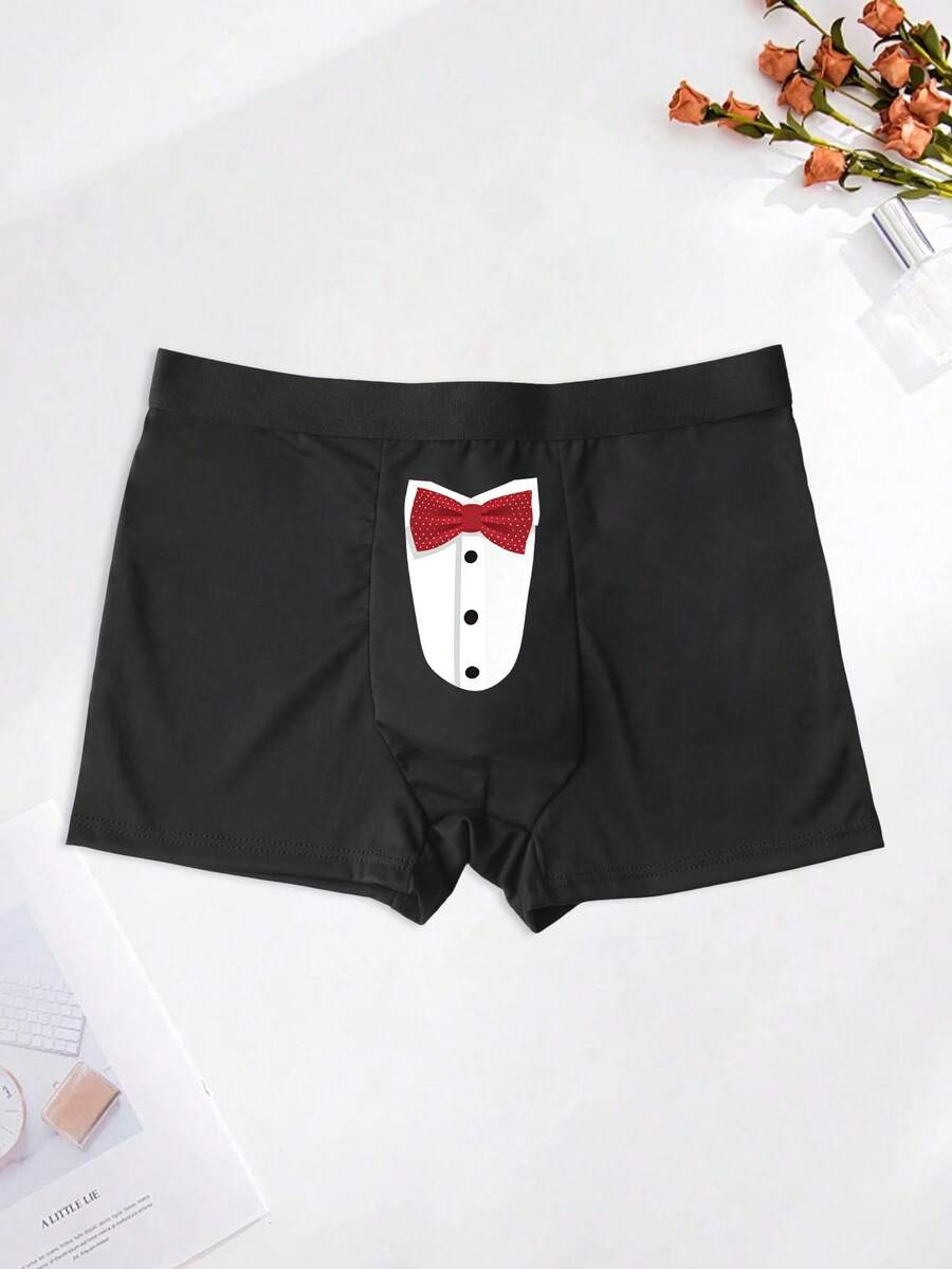 Men's Black Bow Tie Print Briefs, Elastic Comfortable Everyday Underwear - Black - View 1