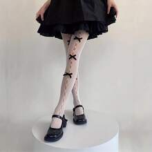 1 Pair Women's Sheer Bow Mesh Pantyhose, Bowknot Decors Hole Mesh Stockings Sexy See-Through Fishnet Pantyhose High Waist Hollow Out Tights - 1 雙黑色 - 查看 4