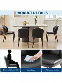 Sillas de comedor tapiceadas Set de 2 Unidades, silla de cocina de tela de cuero / lino de PU con patas de madera, sillas de acento cómodas de asiento de tela para comedor, cocina, sala de estar, fácil montaje - Cuero negro - Ver 7