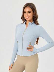 Women's Solid Color BBL Zip Up Sports Jacket With Pockets Gold Zipper High Stretch Lightweight Yoga Tennis Gym Workout Outerwear Workout Clothes Pickleball Clothes - Starch Blue/Gold - 查看 6