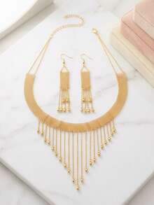 1 Set di gioielli alla moda con nappa e pendenti multipli, collana + orecchini a nappa, adatto per uso quotidiano, regali, casual e vacanze - Oro giallo - Visualizzare 2