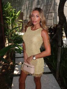 New Spring/Summer Women Elegant Shiny Gold Sleeveless Bodycon Mini Dress, Sexy Fitted Skirt With Tassel Hem, Suitable For Beach Vacation, Beach Party, Date, Holiday, Music Festival - Brown - View 3