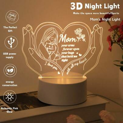 1个暖色调3D雕刻文字夜灯，送给妈妈的礼物 - USB供电暖光台灯，适合在家中和卧室送给妈妈 - 周年纪念日、母亲节、圣诞节、情人节装饰