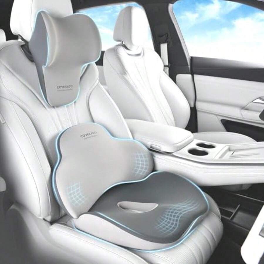 Coverado - Cojín de Asiento y Almohada de Apoyo Lumbar para Silla de Coche Oficina cojín ergonómico de Espuma viscoelástica para Silla de computadora cojín de Apoyo de Espalda ciática Espalda y - Cojín de asiento gris 3 en 1 - Ver 1