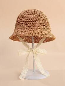 A Handmade Paper Straw Bucket Hat For Children, Summer Lace-Trimmed Basin Hat - Lace Trim - View 8