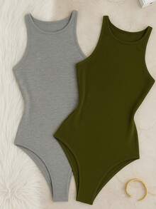 Set Of 2 Women's Basic Tank Top Bodysuits With Round Neck, Casual Style, Lined Second Skin, Chic And Timeless - 軍綠色/灰色 - 查看 2