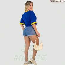 Women's Oversized Cropped Top With Brazil Print, 100% Cotton, Prime Fabric, World Cup 2026, Blouse, T-Shirt, International Fashion. - 寶藍色 - 查看 5