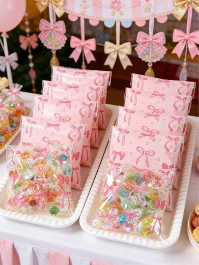 50/100pcs Pink Star Butterfly Bow Gift Bags Self-Sealing Bags, Pink Star Butterfly Bow Design Sweet Bag Toast Packaging Self Sealing Bag For Party Table Decorations Home Supplies, Baby Shower Decor Candy Bags, Gender Reveal Decor Cookie Bags, Wedding Sweet Bread Roll Bags, Bridal Shower Decor,Pink Party Gift Packaging Bags,Kitchen Baking Bags Portion Bags, Party Table Decor,Pink Bow Decorations