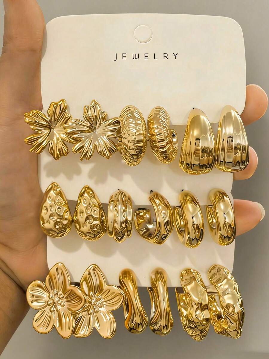 Set de 6-18 pendientes de aro grandes en forma de C dorados de moda para mujeres, que incluye diseños florales, geométricos y texturizados, adecuados para combinar con varios estilos - Dorado - Ver 1