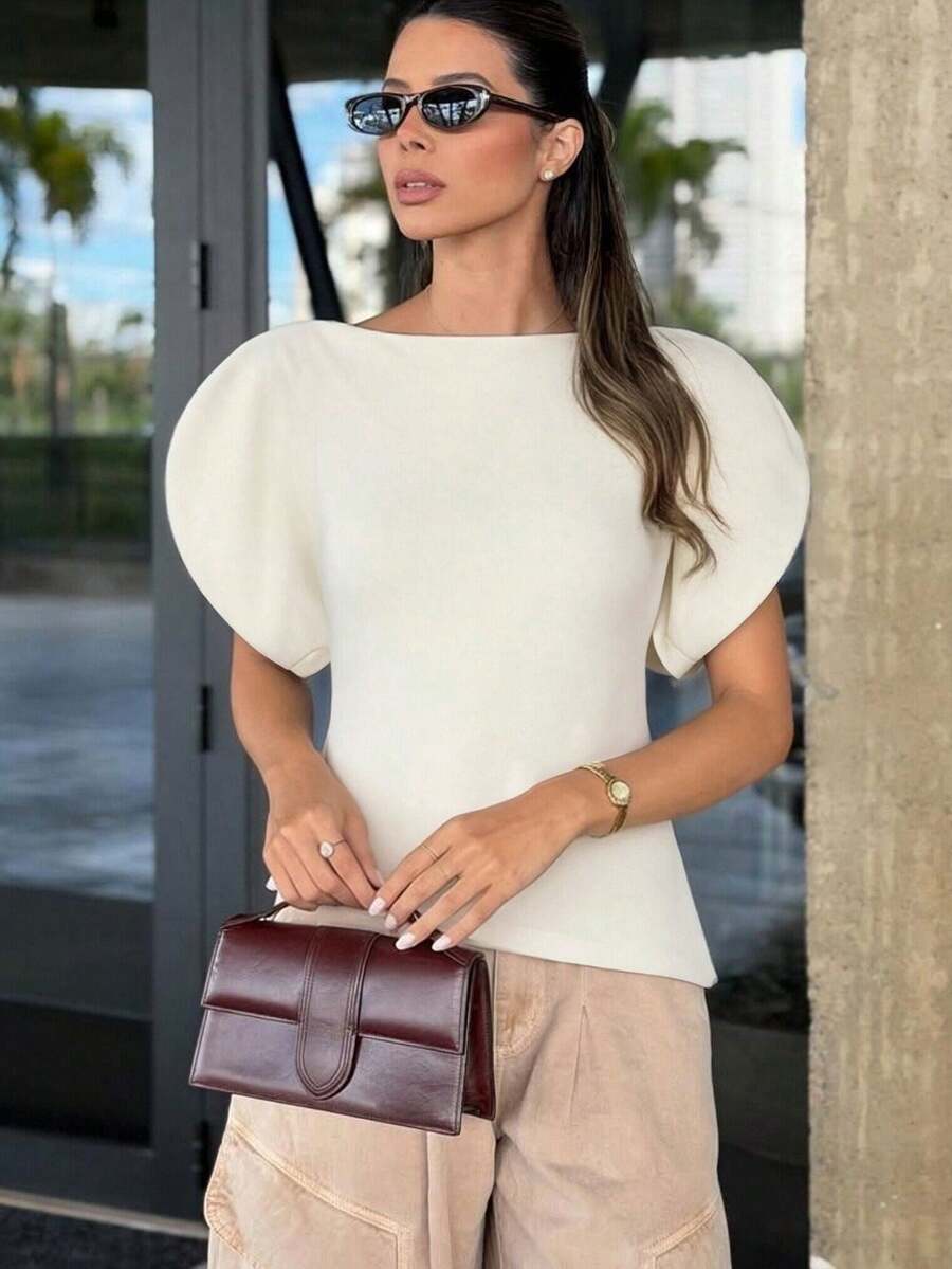 2026 Spring Women's Fashion Asymmetric Puff Sleeve Fitted Cropped Top, Round Neck Zipper Back Design, Street Style White Summer