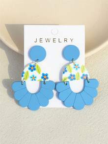 1对女士几何海军蓝叶子和花卉印花陶瓷纹理镂空亚克力优雅可爱耳环 - 彩色 - 查看 1