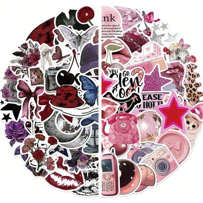 100pcs Y2K Style Black & Pink Stickers For Phone Case, Scrapbook, Luggage Decoration Scrapbook Supplies Stationery Funny Stickers