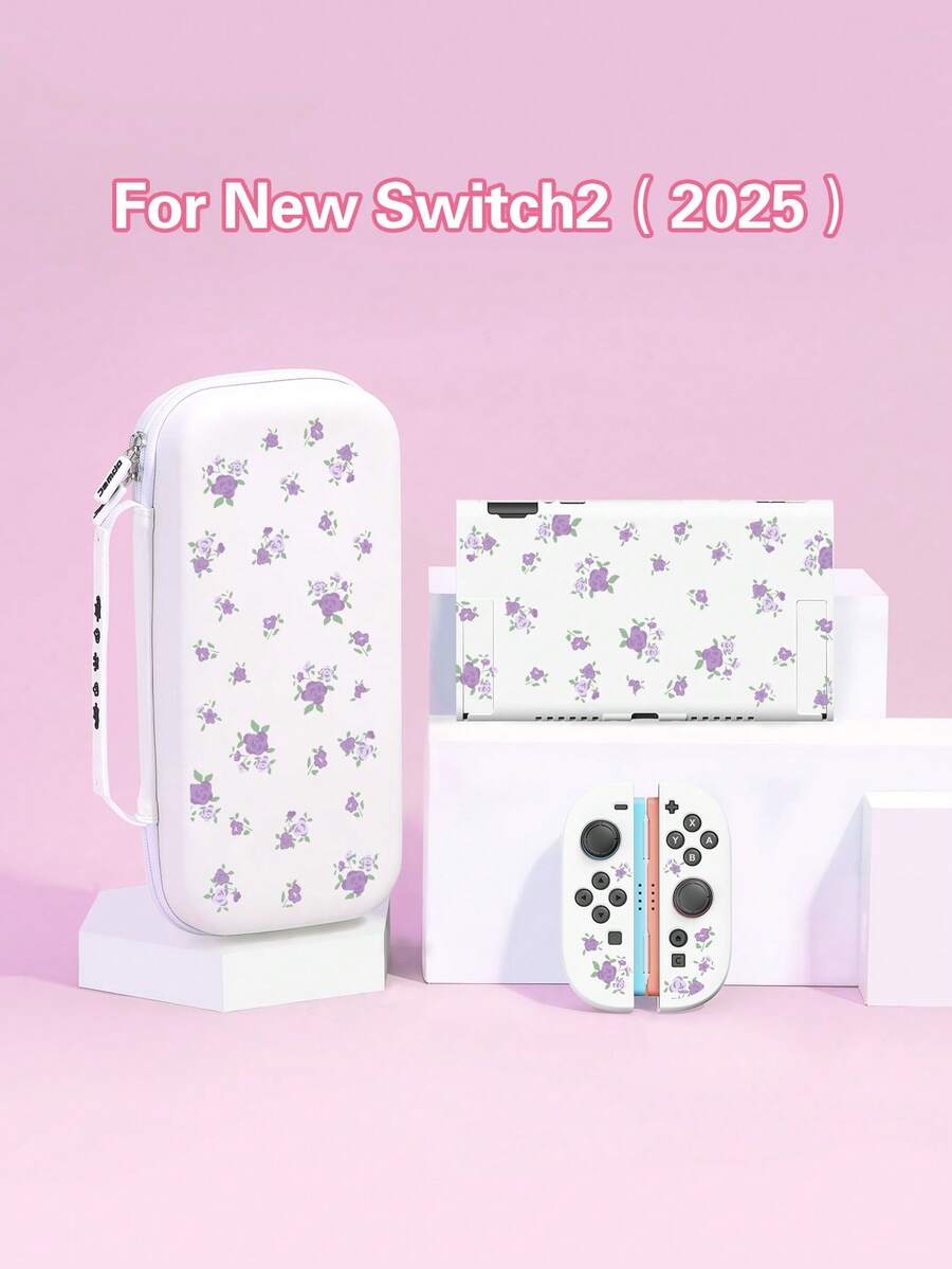 1pc Purple Floral Pattern Protective Case/Cover, Compatible With Switch2 (2025), Switch NS, Switch OLED, Switch Lite, Accessories For Switch 2nd Gen/Switch, Full Set Including Storage Bag, Game Card Case, Best Gift For Switch Players - View 1