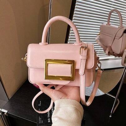 Mini Square Handbag With Gold Buckle, Elegant Top Handle Crossbody Bag For Women, Versatile Daily Purse
