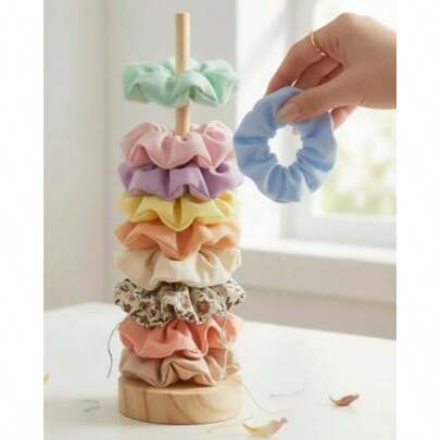 Wood Scrunchie Holder Stand For 15-20 Scrunchies Hair Tie Organizer Vertical Scrunchy Display Stand For Girls Hair Accessory Storage Tower For Bathroom Dresser Vanity Bracelet Jewelry Organizer