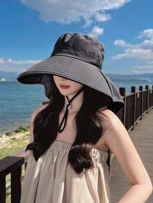 Women's Outdoor Sun Hat With Ponytail Hole For Summer Uv Protection, Korean Fashion Wide Brim Shawl Bucket Hat - 6180 - Xem 11