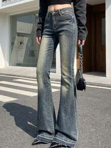 休闲水洗高腰弹力喇叭牛仔裤 春季 - 霧霾藍 - 查看 1