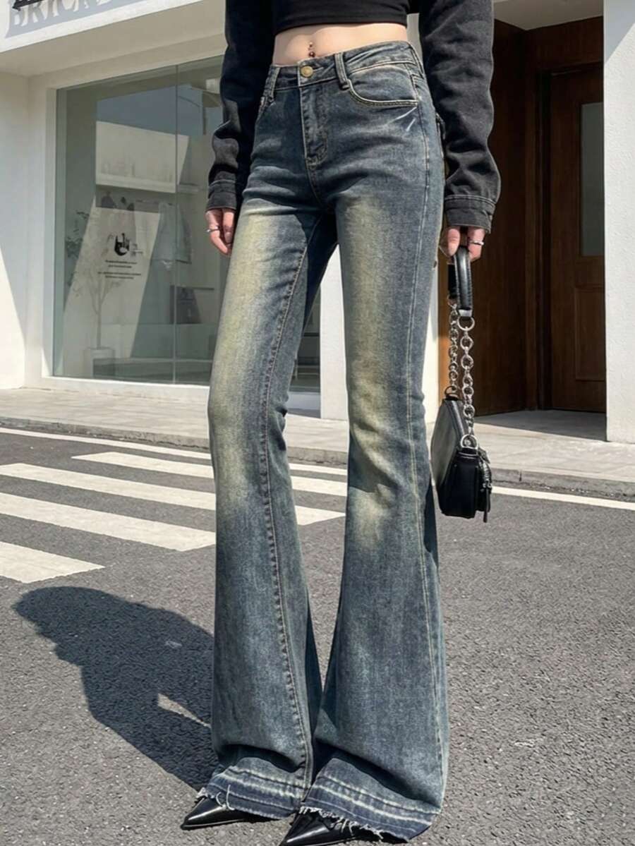 休闲水洗高腰弹力喇叭牛仔裤 春季 - 霧霾藍 - 查看 1