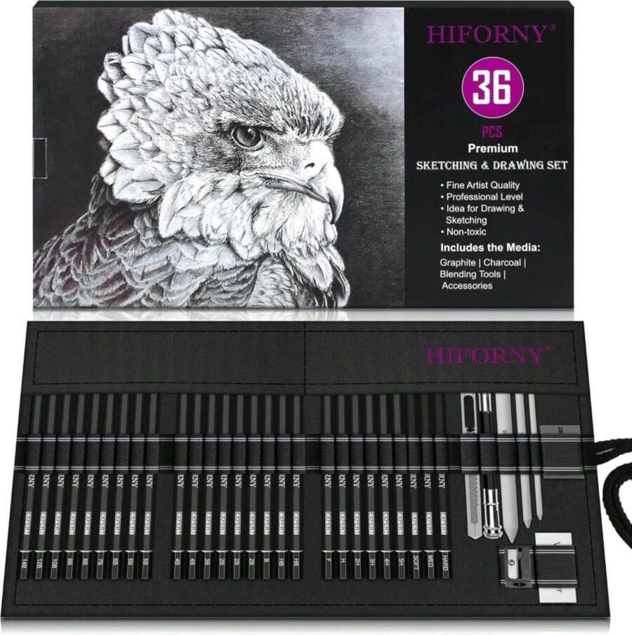 HIFORNY 36 PCS Sketching Drawing Pencil Set,Sketch Pencils Art Supplies With Graphite,Charcoal,Blending Tools,Accessories,Drawing Kit For Adults Artists In Canvas Roll Up Case - Trắng - Xem 1