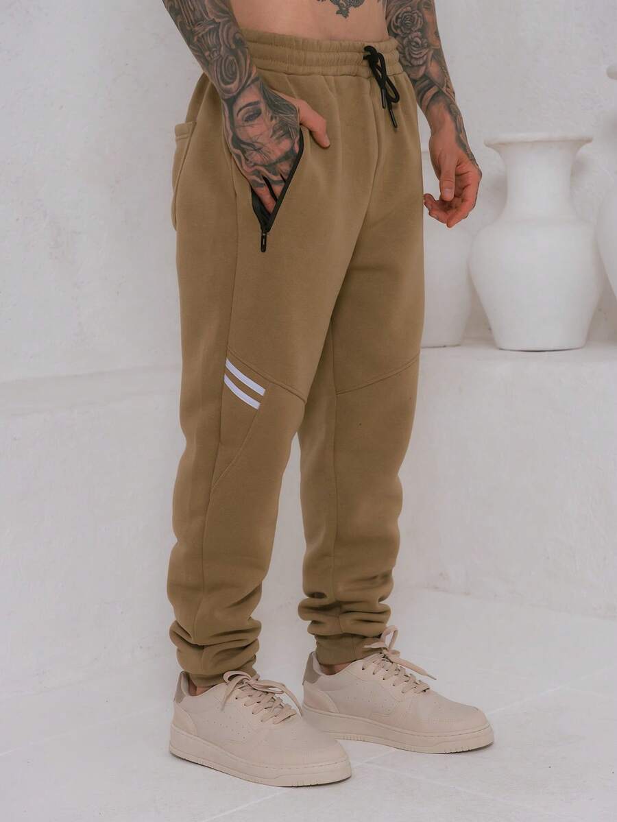 Men's Fleece Sweatpants / Zippered Pockets / Elastic Waistband - Khaki - View 1