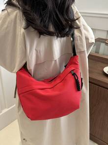 Fashionable Solid Color Nylon Waterproof Shoulder Bag, Casual Minimalist College Style, Wide Strap, Multiple Zipper Design, Suitable For Students, Shopping, Daily Use - Red - View 3