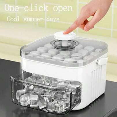 1 Set, Size 15*15*10cm, Pressure Ice Cube Tray, Cream White Color, Square Shape, One-Key Ejection, Transparent Window, Includes Ice Scoop, Suitable For Home Bar/Kitchen/Beverage Cooling, All-Season Use
