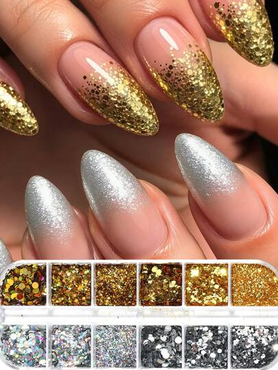 闪亮节日激光金银圆形亮片，3D不对称全息闪粉混合尺寸DIY美甲装饰