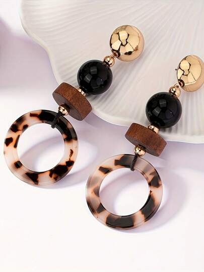 1对夸张豹纹串珠复古波西米亚风棕色吊坠耳环（女士款）