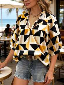 Women's Casual Vacation Shirt, Geometric Ruffle Hem, V-Neck Pleated Design, Bell Sleeves, Spring/Summer - Multicolor - View 10