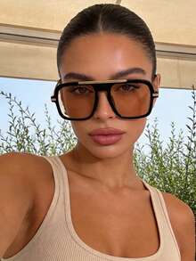 1 Pair Champagne Color Oversized Aviator Style Glasses, New Fashion Eyewear For Women, Outdoor Travel & Beach Accessory - Rượu sâm banh - Xem 1