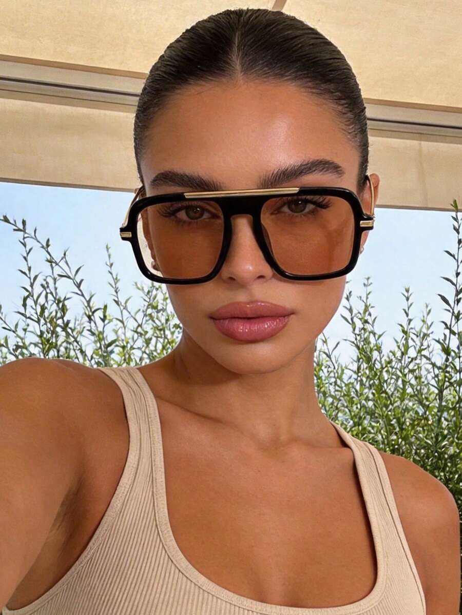 1 Pair Champagne Color Oversized Aviator Style Glasses, New Fashion Eyewear For Women, Outdoor Travel & Beach Accessory - Rượu sâm banh - Xem 1