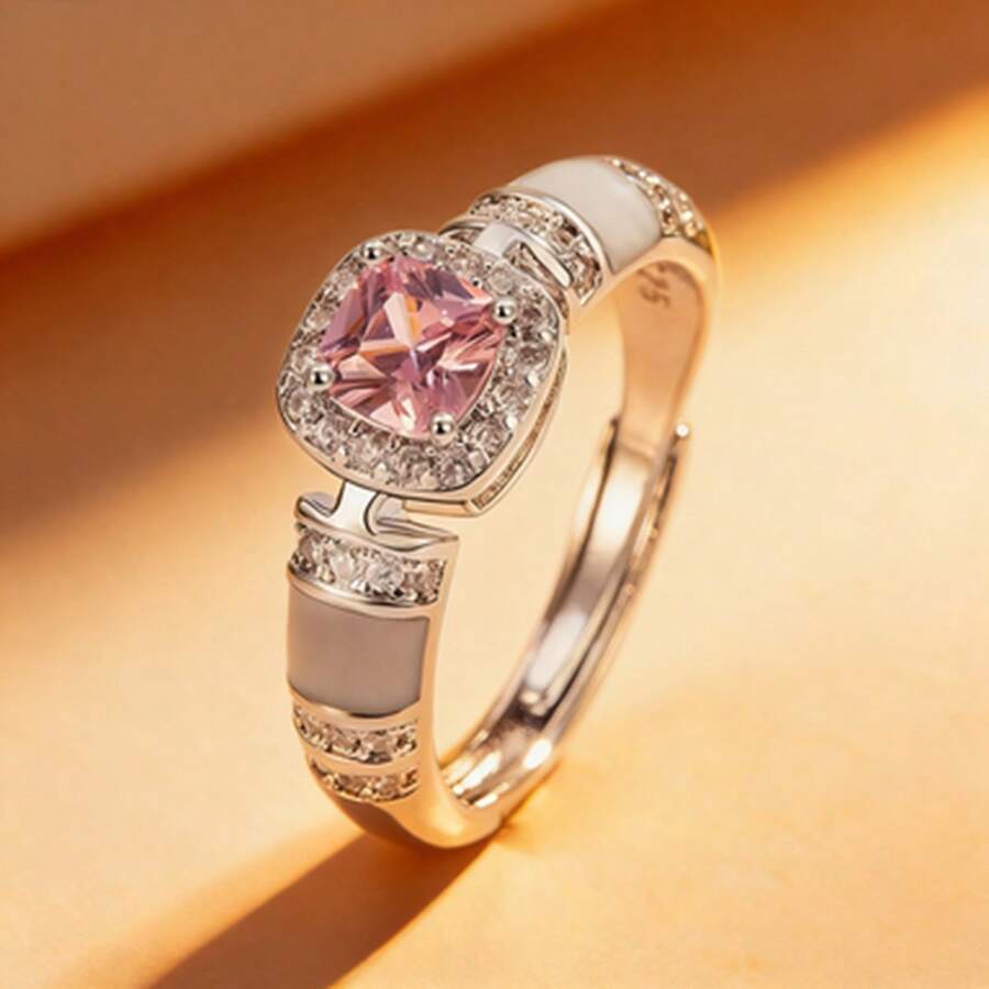 1枚S925银粉色方形糖果造型合成锆石戒指，可调节开口戒圈，优雅精致，适合女性日常佩戴。 - 銀色 - 查看 1