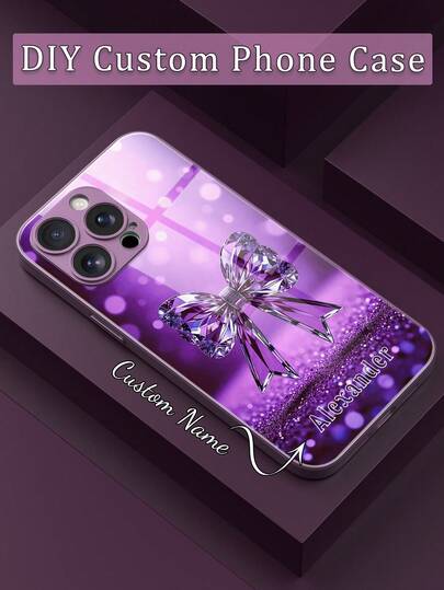 1pc Customizable Name Luxury Amethyst Bow Design Tempered Glass + TPU Soft Edge Phone Case, Suitable For Samsung S26Ultra/S25Plus/S24 Series And Apple 17ProMax/16ProMax/15Pro/14Plus/13Pro/12ProMax/11/XsMax/8/7/6Plus, Can Be Used As Birthday Gift, Gift For Girlfriend/Boyfriend Or Personal Use