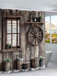 12钩复古木纹图案浴帘 - 防水、机洗、艺术设计，适用于家庭、酒店和浴室 - 多色 - 查看 4