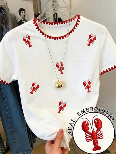 Camiseta casual de manga corta con bordado de conchas marinas y langosta, conjunto de vacaciones de verano para mujer en la playa