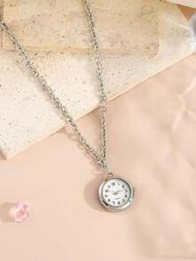 1pc Creative Round Quartz Watch Pendant Necklace, Unisex For Everyday And Party Wear - 復古銀色 - 查看 7